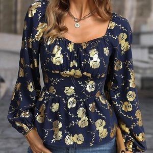 Boho floral print sweetheart neck lantern  sleeve blouse